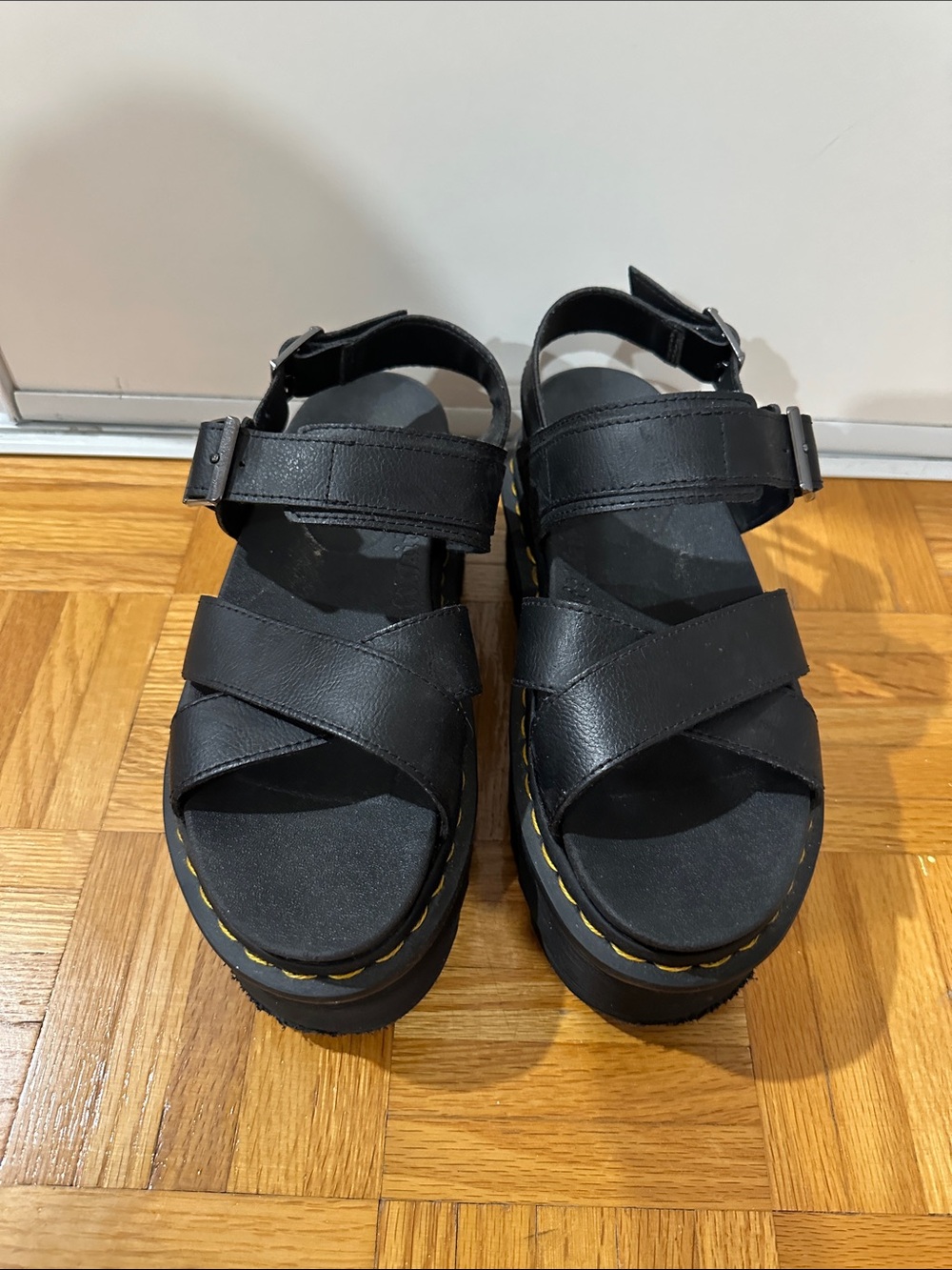 Dr. Martens Black Leather Platform Sandals with Yellow Stitching